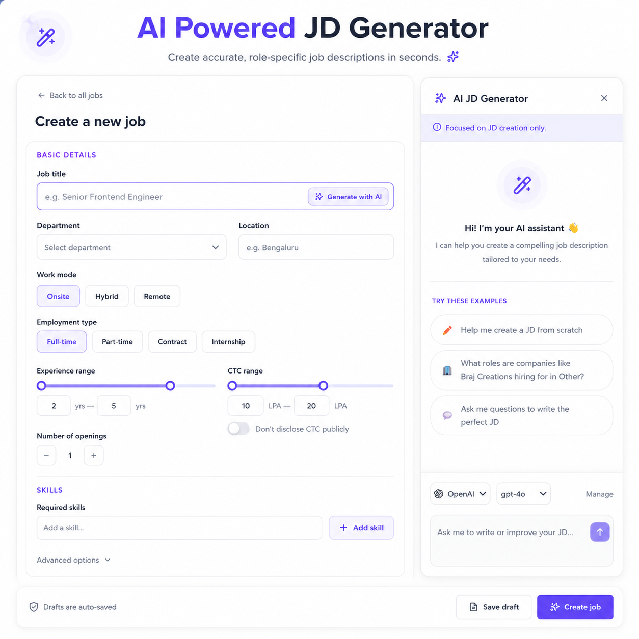 AI Powered JD Generator creating a new job description